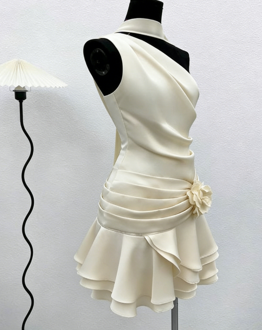 Mignonne robe de bal d'été courte évasée et asymétrique ivoire Robe de 16ème anniversaire Robes de cocktail DP2089