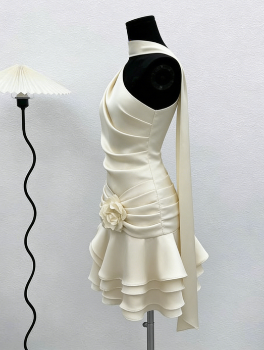 Mignonne robe de bal d'été courte évasée et asymétrique ivoire Robe de 16ème anniversaire Robes de cocktail DP2089