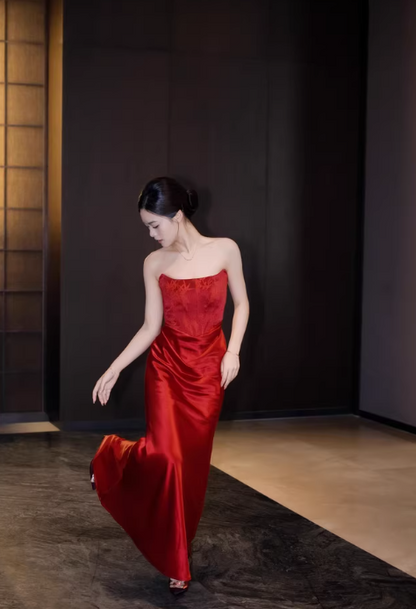 Elegant Sheath Strapless Red Satin Prom Dresses Formal Summer Wedding Guest Dresses Wedding Guest Outfits DP2156