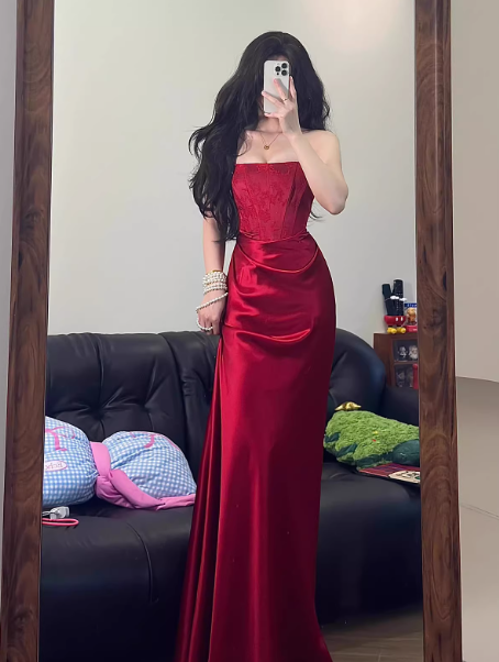 Elegant Sheath Strapless Red Satin Prom Dresses Formal Summer Wedding Guest Dresses Wedding Guest Outfits DP2156