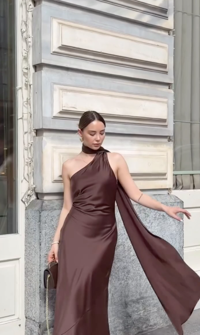 Simple A line One Shoulder Brown Prom Dresses Formal Summer Wedding Guest Dresses Wedding Guest Outfits DP2199