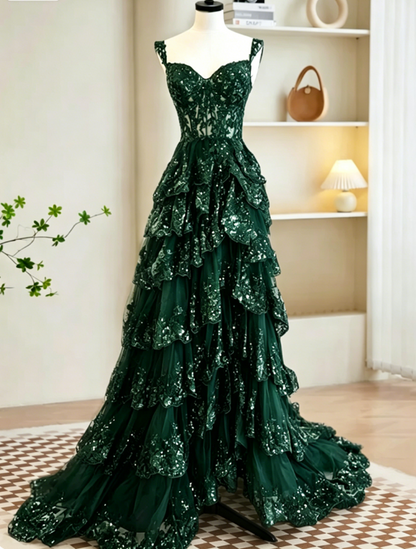 Sexy A-Line Tulle Sequin Black Long Prom Dresses, Black Sequin Long Formal Dress DP275