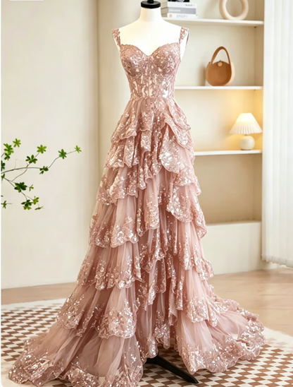 Sexy A-Line Tulle Sequin Black Long Prom Dresses, Black Sequin Long Formal Dress DP275