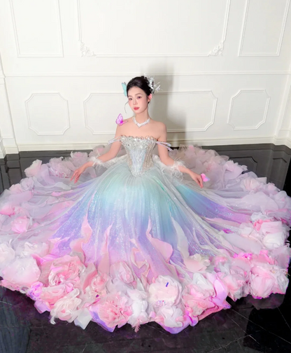 Gorgeous Off-the-shoulder A-line Tulle Beaded Long Prom Dresses, Formal Evening Dresses in Colorful DP3010