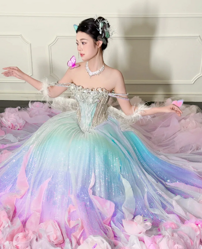 Gorgeous Off-the-shoulder A-line Tulle Beaded Long Prom Dresses, Formal Evening Dresses in Colorful DP3010
