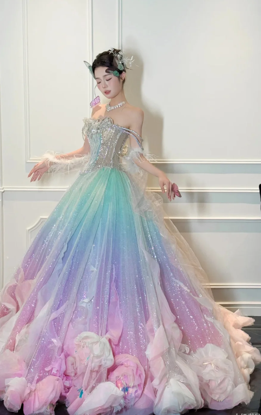 Gorgeous Off-the-shoulder A-line Tulle Beaded Long Prom Dresses, Formal Evening Dresses in Colorful DP3010