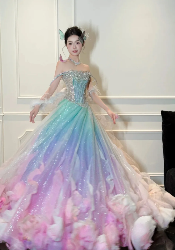 Gorgeous Off-the-shoulder A-line Tulle Beaded Long Prom Dresses, Formal Evening Dresses in Colorful DP3010