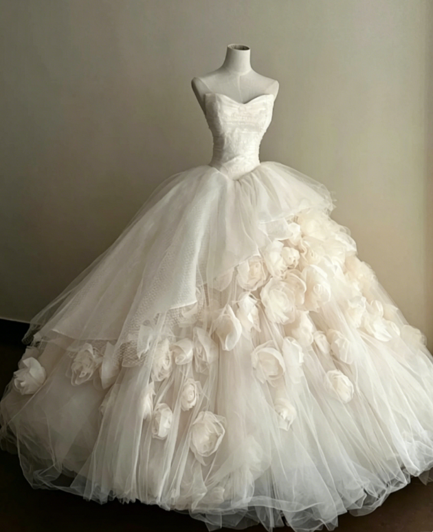 Timeless Strapless Ball Gown Tulle Flower Wedding Dresses, Ivory Bridal Gowns DP3182