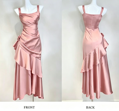 Gorgeous Sheath Long Prom Dresses Satin Sleeveless Formal Dresses Ruffle Burgundy Birthday Dresses DP3258