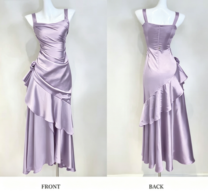 Gorgeous Sheath Long Prom Dresses Satin Sleeveless Formal Dresses Ruffle Burgundy Birthday Dresses DP3258