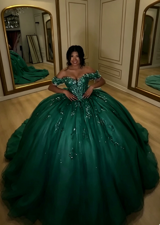 Glam Off-the-Shoulder Ball Gown Tulle Long Prom Dresses Applique Blue Quinceanera Dresses Sweet 16 Dress DP3753