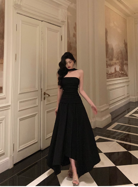 Edles A-Linien-Kleid, trägerlos, schwarz, ärmellos, 18. Geburtstagskleid, Partykleid, Geburtstags-Outfits, Geburtstagskleid-Ideen für Frauen, DP556