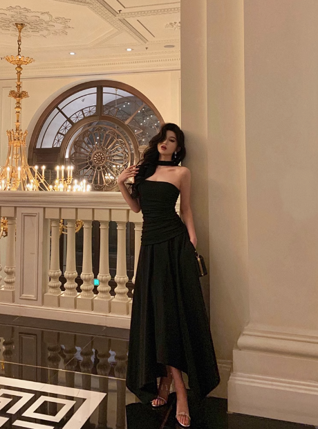 Edles A-Linien-Kleid, trägerlos, schwarz, ärmellos, 18. Geburtstagskleid, Partykleid, Geburtstags-Outfits, Geburtstagskleid-Ideen für Frauen, DP556