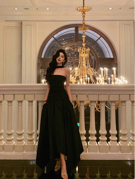 Edles A-Linien-Kleid, trägerlos, schwarz, ärmellos, 18. Geburtstagskleid, Partykleid, Geburtstags-Outfits, Geburtstagskleid-Ideen für Frauen, DP556