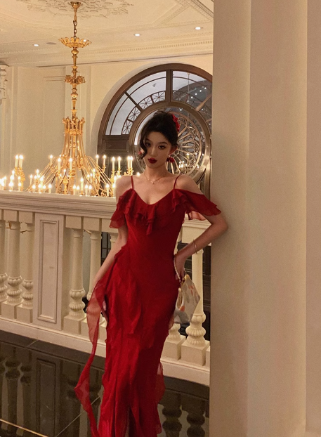 Edles A-Linie Spaghettiträger Rot Chiffon Ärmellos Kleid zum 18. Geburtstag Partykleid Geburtstags-Outfits Geburtstagskleid-Ideen für Frauen DP558
