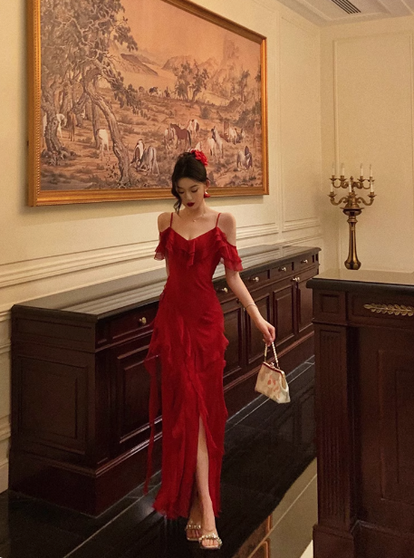 Edles A-Linie Spaghettiträger Rot Chiffon Ärmellos Kleid zum 18. Geburtstag Partykleid Geburtstags-Outfits Geburtstagskleid-Ideen für Frauen DP558