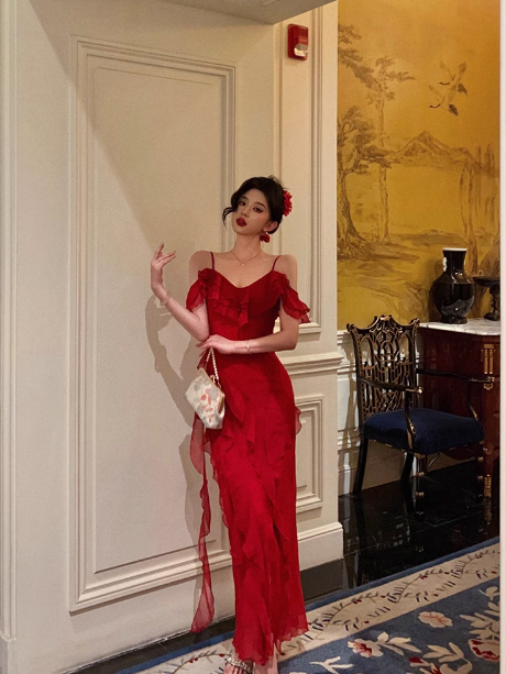 Edles A-Linie Spaghettiträger Rot Chiffon Ärmellos Kleid zum 18. Geburtstag Partykleid Geburtstags-Outfits Geburtstagskleid-Ideen für Frauen DP558