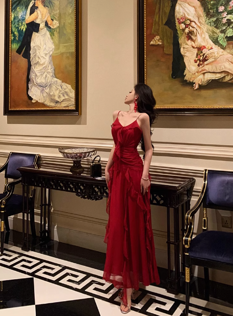 Edles A-Linie Spaghettiträger Rot Ärmellos Kleid zum 18. Geburtstag Partykleid 21. Geburtstag Outfits Geburtstagskleid Ideen für Frauen DP564