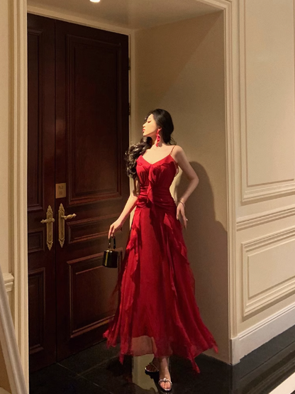 Edles A-Linie Spaghettiträger Rot Ärmellos Kleid zum 18. Geburtstag Partykleid 21. Geburtstag Outfits Geburtstagskleid Ideen für Frauen DP564