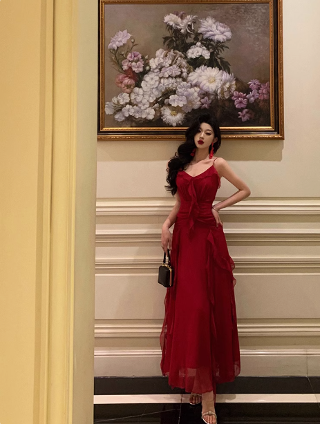 Edles A-Linie Spaghettiträger Rot Ärmellos Kleid zum 18. Geburtstag Partykleid 21. Geburtstag Outfits Geburtstagskleid Ideen für Frauen DP564