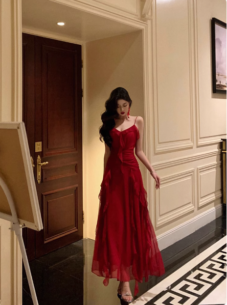Edles A-Linie Spaghettiträger Rot Ärmellos Kleid zum 18. Geburtstag Partykleid 21. Geburtstag Outfits Geburtstagskleid Ideen für Frauen DP564