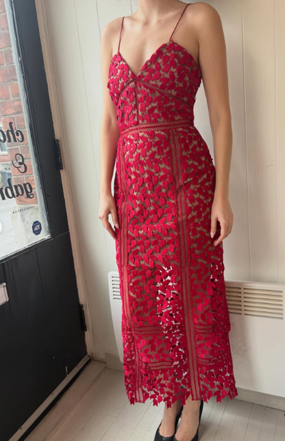 Classy Sheath Spaghetti Straps Red Lace Prom Dresses Summer Wedding Guest Dresses Wedding Guest Outfits DP748