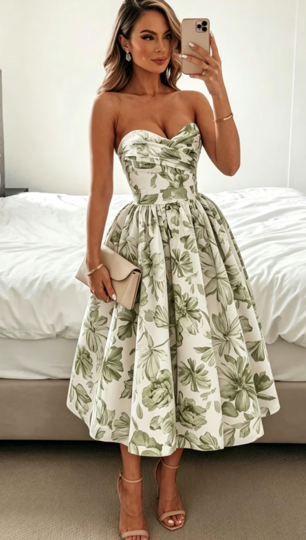Elegant Wedding Guest Outfit Ball Gown Blue Floral Formal Night Dresses Summer Tea Length Wedding Guest Dresses DP769