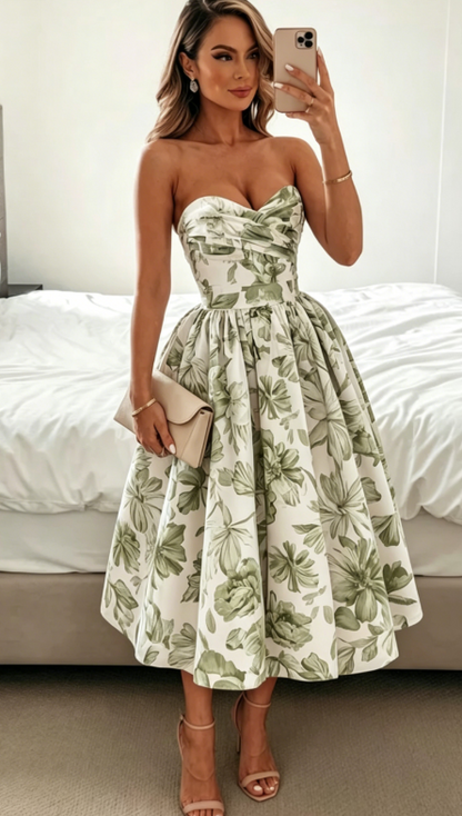Elegant Wedding Guest Outfit Ball Gown Blue Floral Formal Night Dresses Summer Tea Length Wedding Guest Dresses DP769