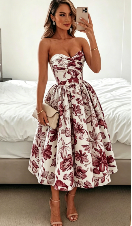 Elegant Wedding Guest Outfit Ball Gown Blue Floral Formal Night Dresses Summer Tea Length Wedding Guest Dresses DP769