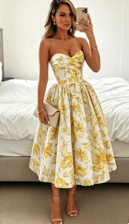 Elegant Wedding Guest Outfit Ball Gown Blue Floral Formal Night Dresses Summer Tea Length Wedding Guest Dresses DP769