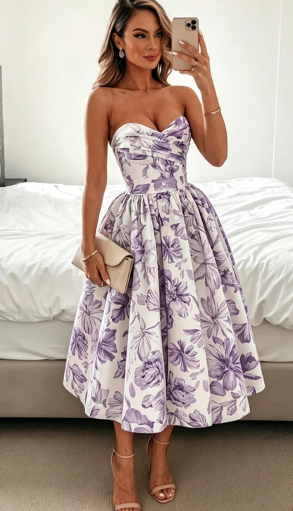 Elegant Wedding Guest Outfit Ball Gown Blue Floral Formal Night Dresses Summer Tea Length Wedding Guest Dresses DP769