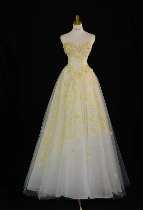 Stunning Ball Gown Sweetheart Yellow Tulle Floral Long Prom Dress Party Dress Graduation Dresses DP806