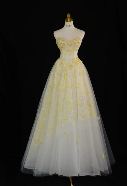 Stunning Ball Gown Sweetheart Yellow Tulle Floral Long Prom Dress Party Dress Graduation Dresses DP806