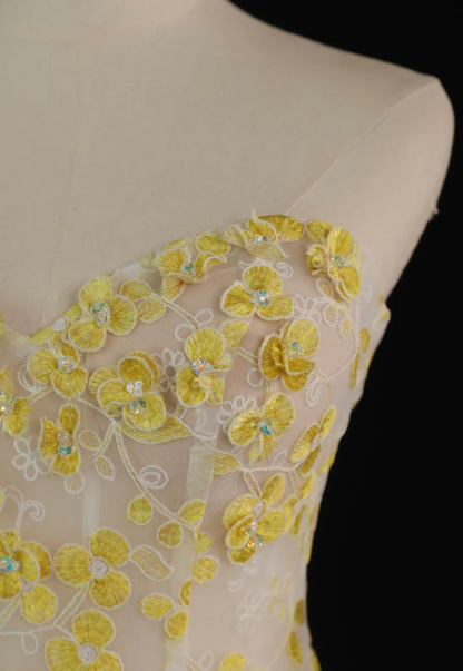 Stunning Ball Gown Sweetheart Yellow Tulle Floral Long Prom Dress Party Dress Graduation Dresses DP806