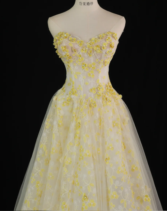 Stunning Ball Gown Sweetheart Yellow Tulle Floral Long Prom Dress Party Dress Graduation Dresses DP806