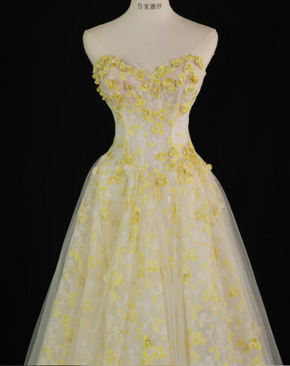 Stunning Ball Gown Sweetheart Yellow Tulle Floral Long Prom Dress Party Dress Graduation Dresses DP806