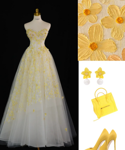 Stunning Ball Gown Sweetheart Yellow Tulle Floral Long Prom Dress Party Dress Graduation Dresses DP806