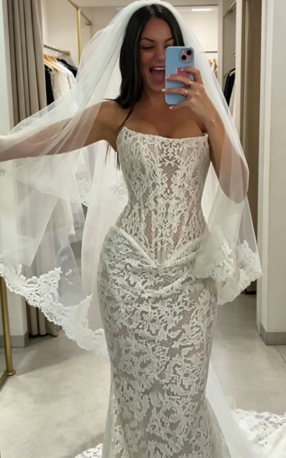 Elegant White Mermaid Bridal Gowns Strapless Lace Birdal Dress Sleeveless Wedding Dress DW08888