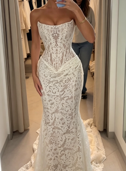 Elegant White Mermaid Bridal Gowns Strapless Lace Birdal Dress Sleeveless Wedding Dress DW08888