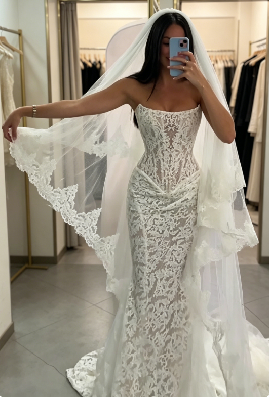 Elegant White Mermaid Bridal Gowns Strapless Lace Birdal Dress Sleeveless Wedding Dress DW08888