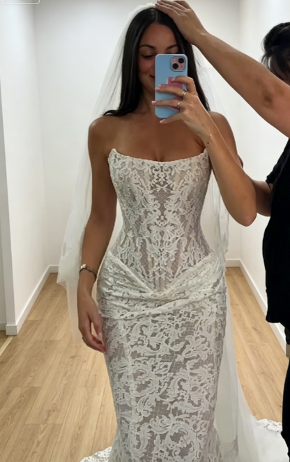 Elegant White Mermaid Bridal Gowns Strapless Lace Birdal Dress Sleeveless Wedding Dress DW08888