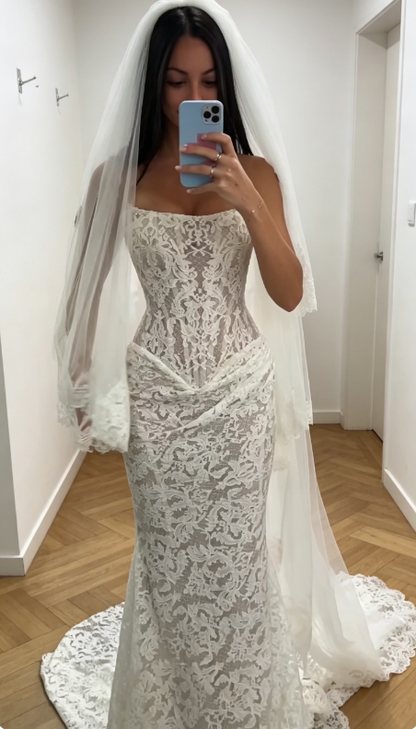 Elegant White Mermaid Bridal Gowns Strapless Lace Birdal Dress Sleeveless Wedding Dress DW08888