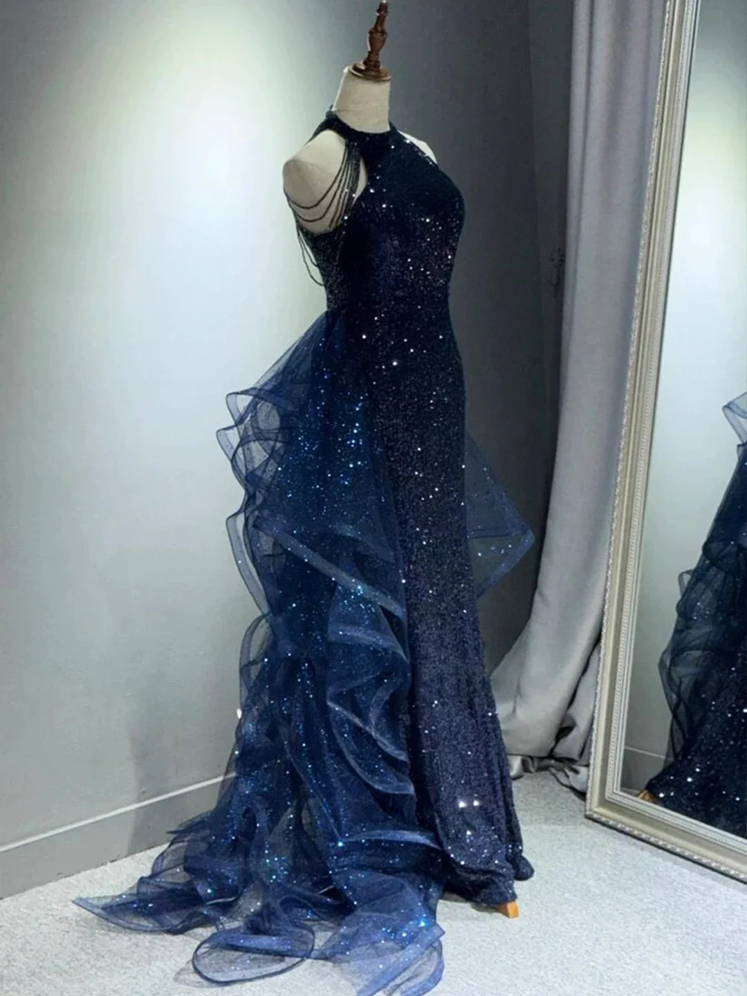 Pretty Navy Blue Sequins Long Prom Party Dress Prom Dress Evening Dresses DP309
