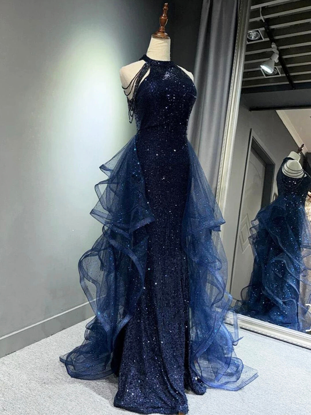 Pretty Navy Blue Sequins Long Prom Party Dress Prom Dress Evening Dresses DP309