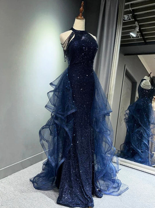 Hübsches Marineblaues Pailletten Langes Ballkleid Partykleid Ballkleid Abendkleider DP309