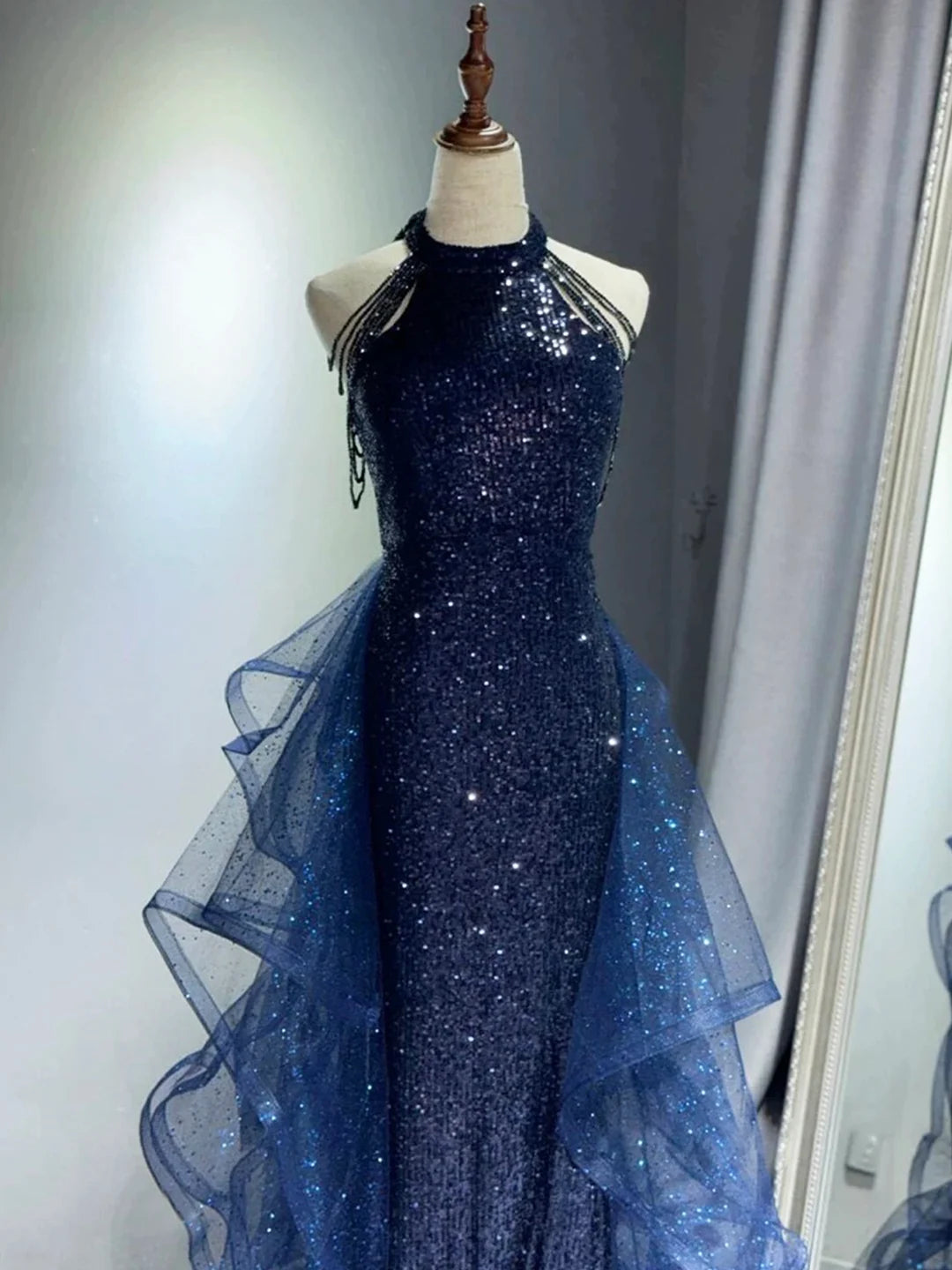 Pretty Navy Blue Sequins Long Prom Party Dress Prom Dress Evening Dresses DP309