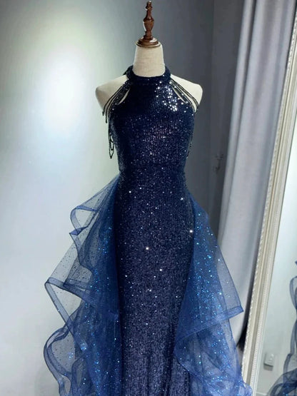 Pretty Navy Blue Sequins Long Prom Party Dress Prom Dress Evening Dresses DP309