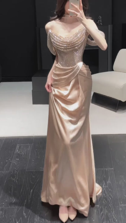 Pretty Sheath Satin Long Evening Dress Champagne Prom Dress DP08153
