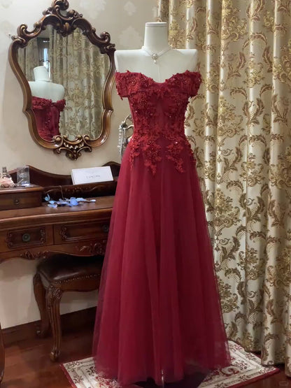 Classy A-Line Red Prom Dress Tulle Appliques Birthday Dress Sleeveless Long Evening Dress DP05100