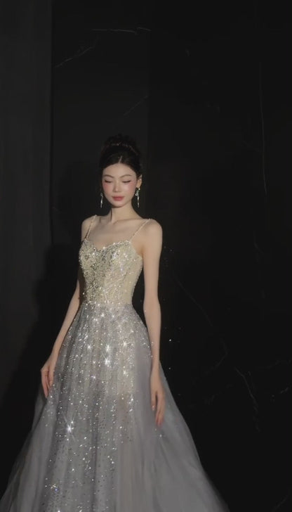 Robe de bal chic argentée, coupe trapèze, en tulle à sequins, longue robe de soirée DP08229